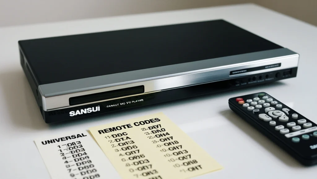 Sansui DVD player on a shelf.