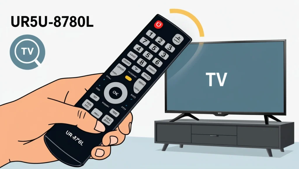 Hand holding UR5U-8780L remote for auto search programming.