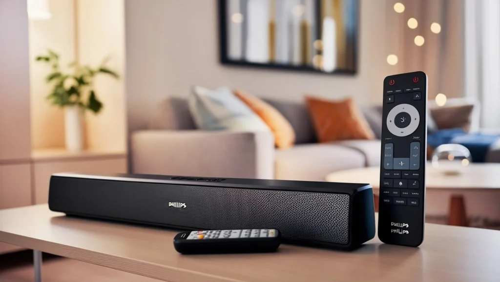 A Philips Soundbar and a universal remote control on a living room shelf